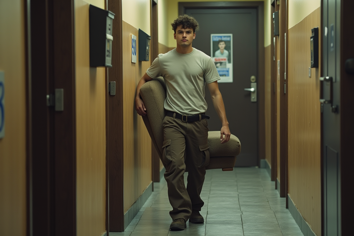 Jeune homme portant un fauteuil dans un couloir d