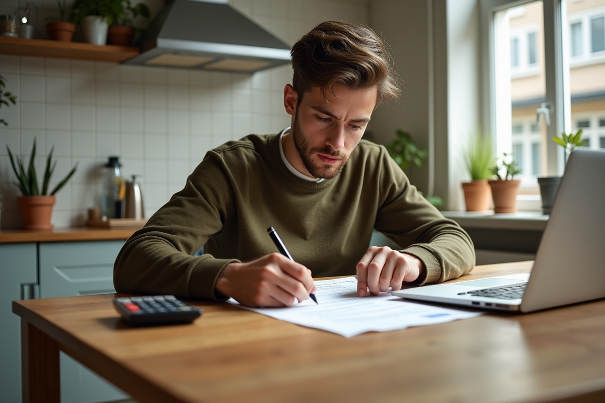 Jeune homme étudiant un contrat de location dans une cuisine lumineuse