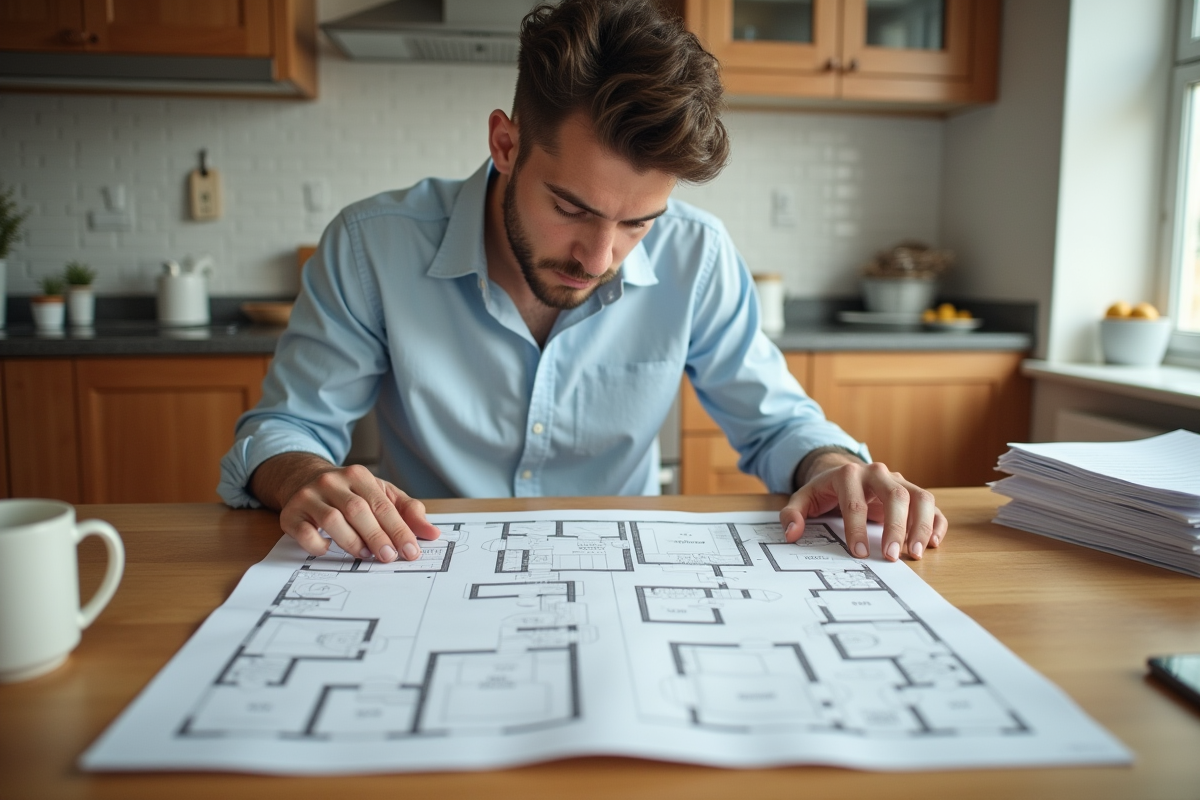 Jeune homme vérifiant un plan de maison dans la cuisine