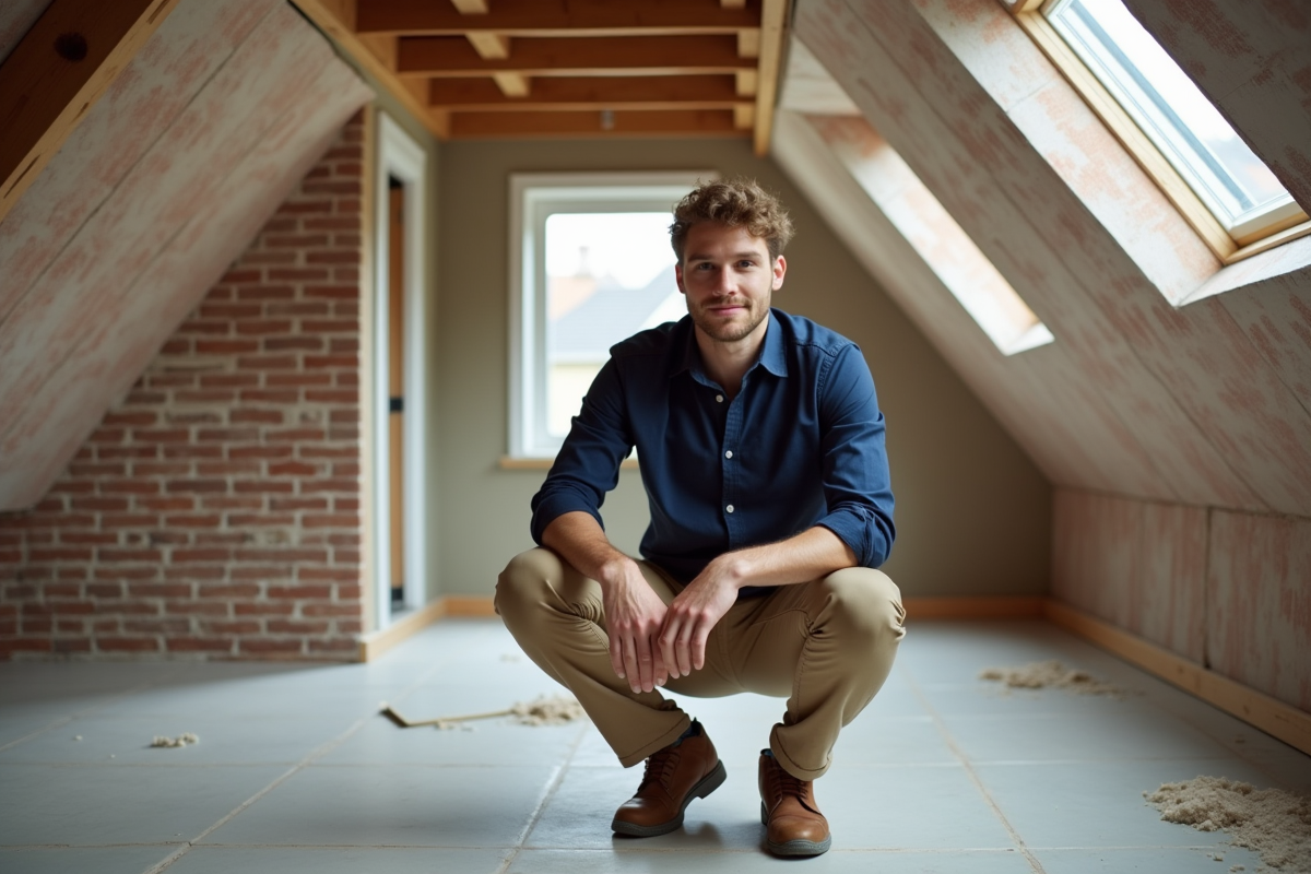 Jeune homme inspectant un grenier en rénovation