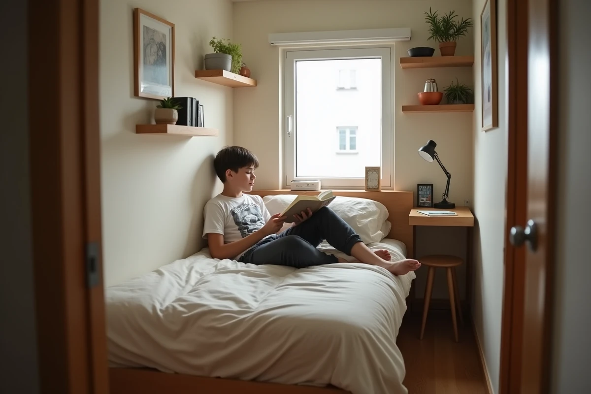 Adolescent lisant dans une petite chambre accueillante