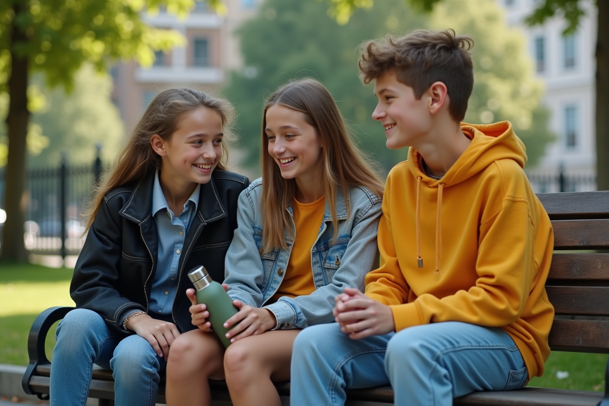 Jeunes amis riant sur un banc dans un parc urbain