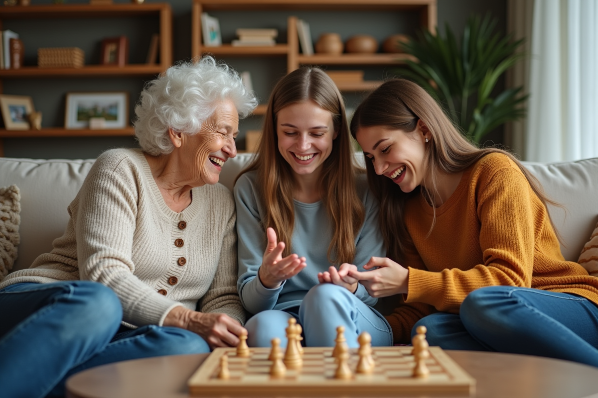 Mère et fille jouant à un jeu de société dans un salon chaleureux