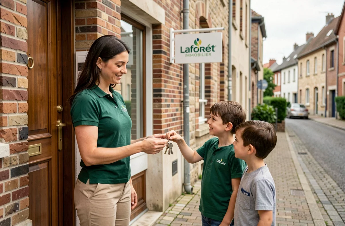 Consultante Laforêt Immobilier remettant les clés d'une maison à une famille à Thionville