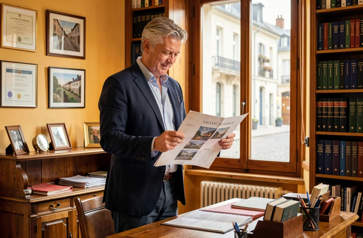 Agent senior de Lalanne Immobilier à Bordeaux dans un bureau chaleureux reflétant l'ancrage local de l'agence