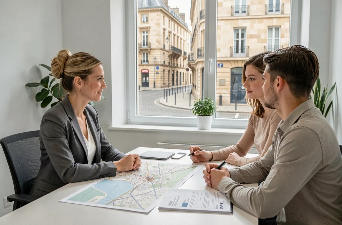 Conseillère immobilière de Lamy Bordeaux Victoire en consultation avec un couple de clients autour d'un plan de quartier