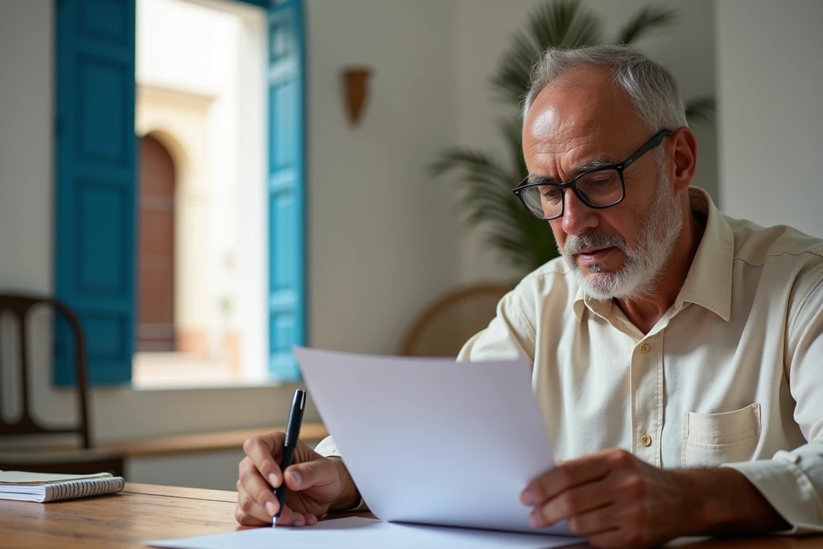 Locataire marocain relisant attentivement un contrat de bail dans un appartement à Essaouira avec volets bleus traditionnels