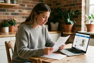 Locataire comparant des offres d'assurance habitation sur ordinateur portable avec des documents papier