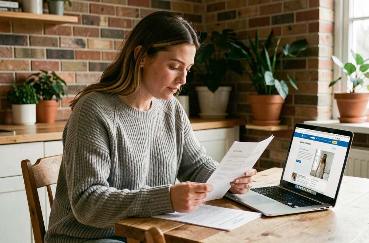 Locataire comparant des offres d'assurance habitation sur ordinateur portable avec des documents papier