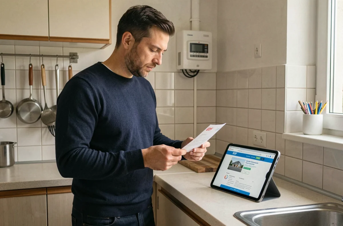 Locataire consultant sa facture EDF dans la cuisine d'un appartement meublé
