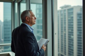 Homme propriétaire dans un appartement moderne regardant par la fenêtre