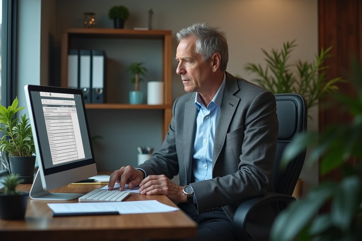 Locataire v&eacute;rifiant ses paiements dans un bureau