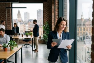 Professionnelle en bureau moderne à Lille avec vue sur la ville, tenant une tablette dans un espace de coworking design