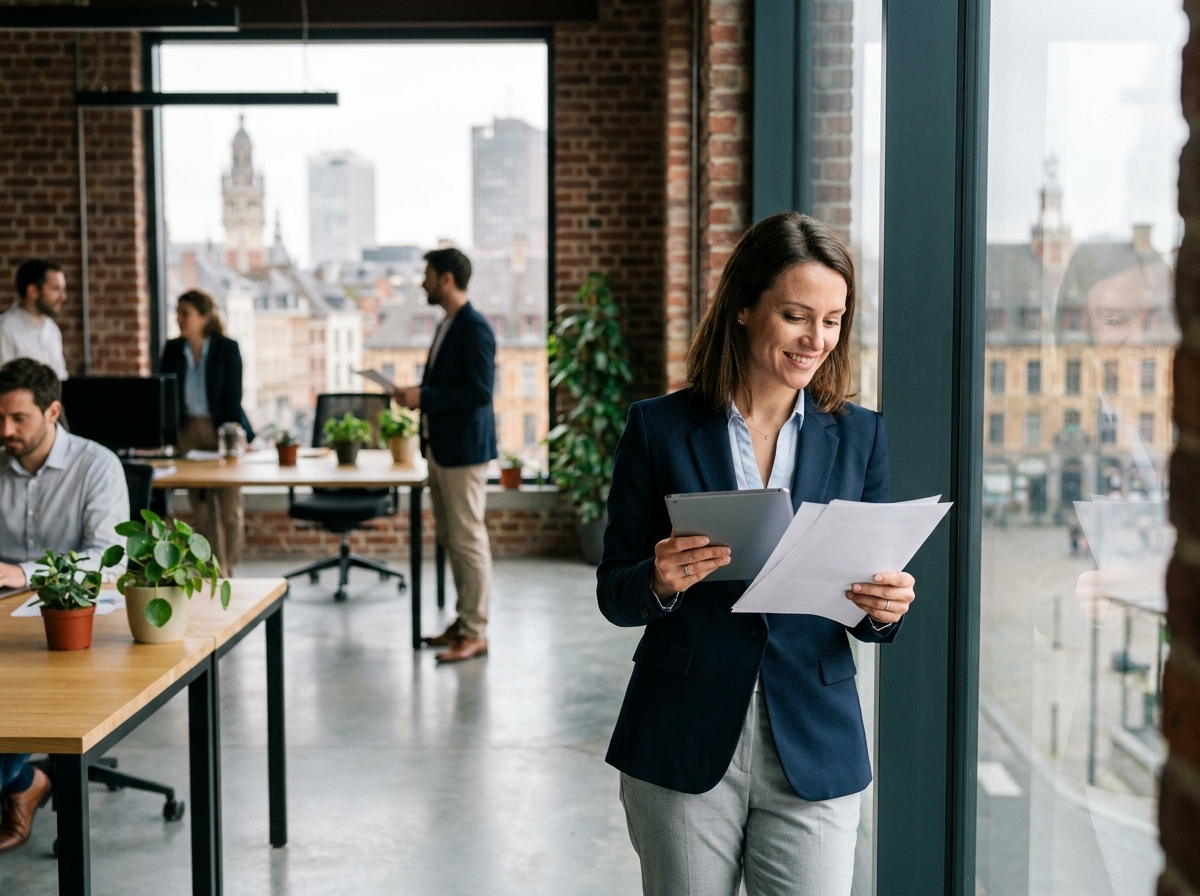 Professionnelle en bureau moderne à Lille avec vue sur la ville, tenant une tablette dans un espace de coworking design
