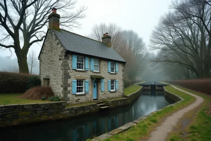 Maison éclusière traditionnelle en pierre de granit au bord d'un canal breton, avec ses volets bleus et son jardin potager, vue depuis le chemin de halage