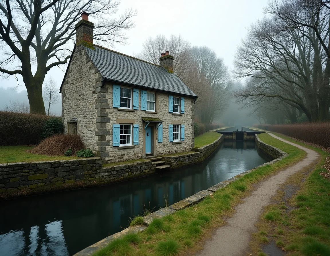Maison éclusière traditionnelle en pierre de granit au bord d'un canal breton, avec ses volets bleus et son jardin potager, vue depuis le chemin de halage