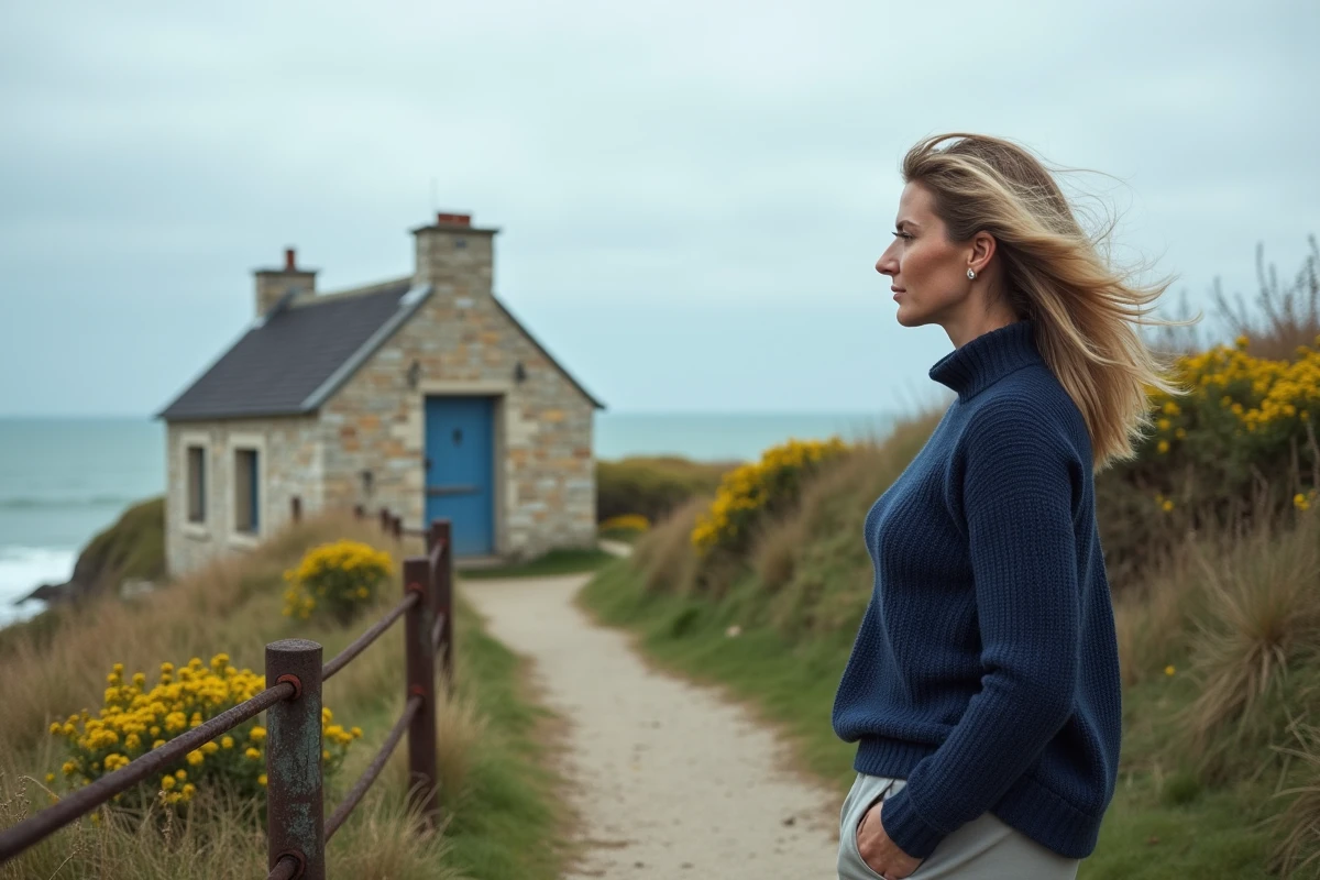 Femme contemplant une maison de pêcheur en pierre sur les falaises normandes face à la Manche