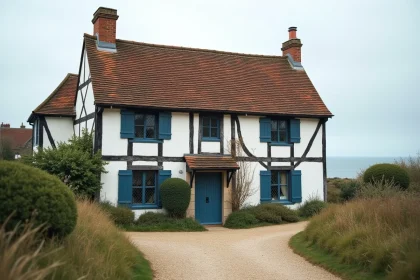 Maison normande à colombages en bord de mer avec vue sur la Manche et volets bleus marine