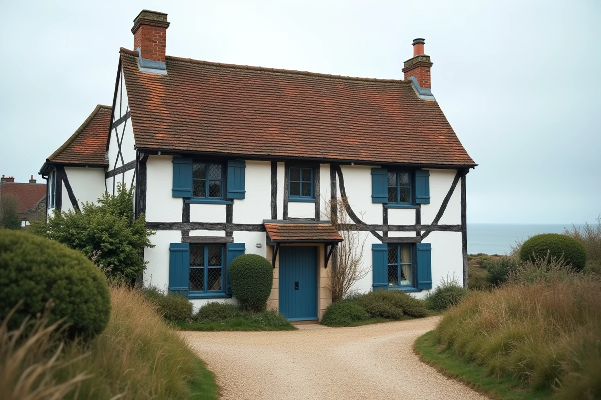 Maison normande à colombages en bord de mer avec vue sur la Manche et volets bleus marine
