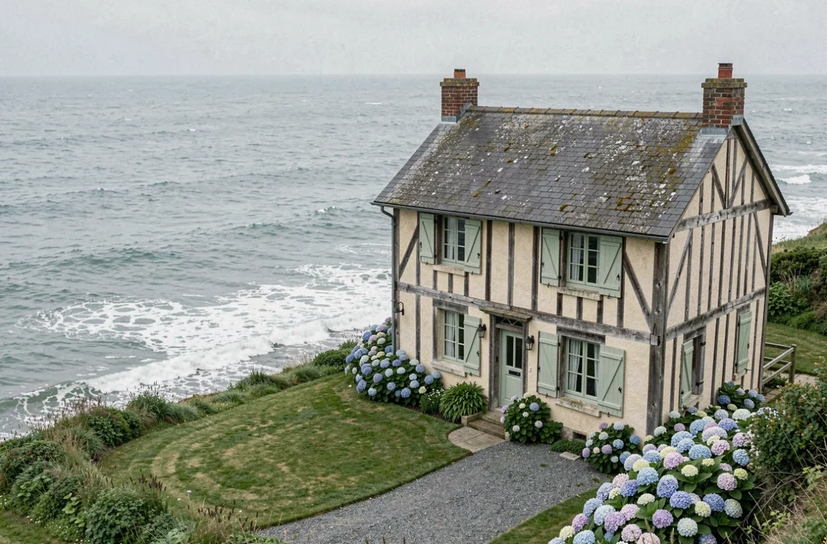 Maison normande à colombages au bord des falaises avec vue mer, à vendre en Normandie pour une retraite paisible