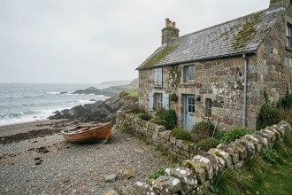 Maison de pêcheur traditionnelle en pierre sur le littoral atlantique avec volets en bois bleu délavé et bateau en bois sur la plage de galets