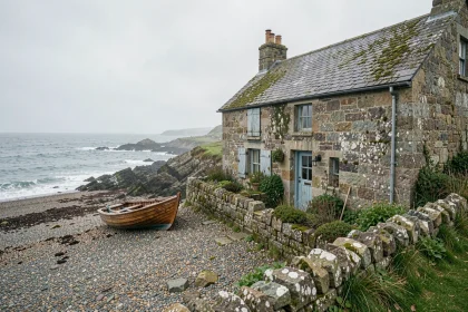 Maison de pêcheur traditionnelle en pierre sur le littoral atlantique avec volets en bois bleu délavé et bateau en bois sur la plage de galets