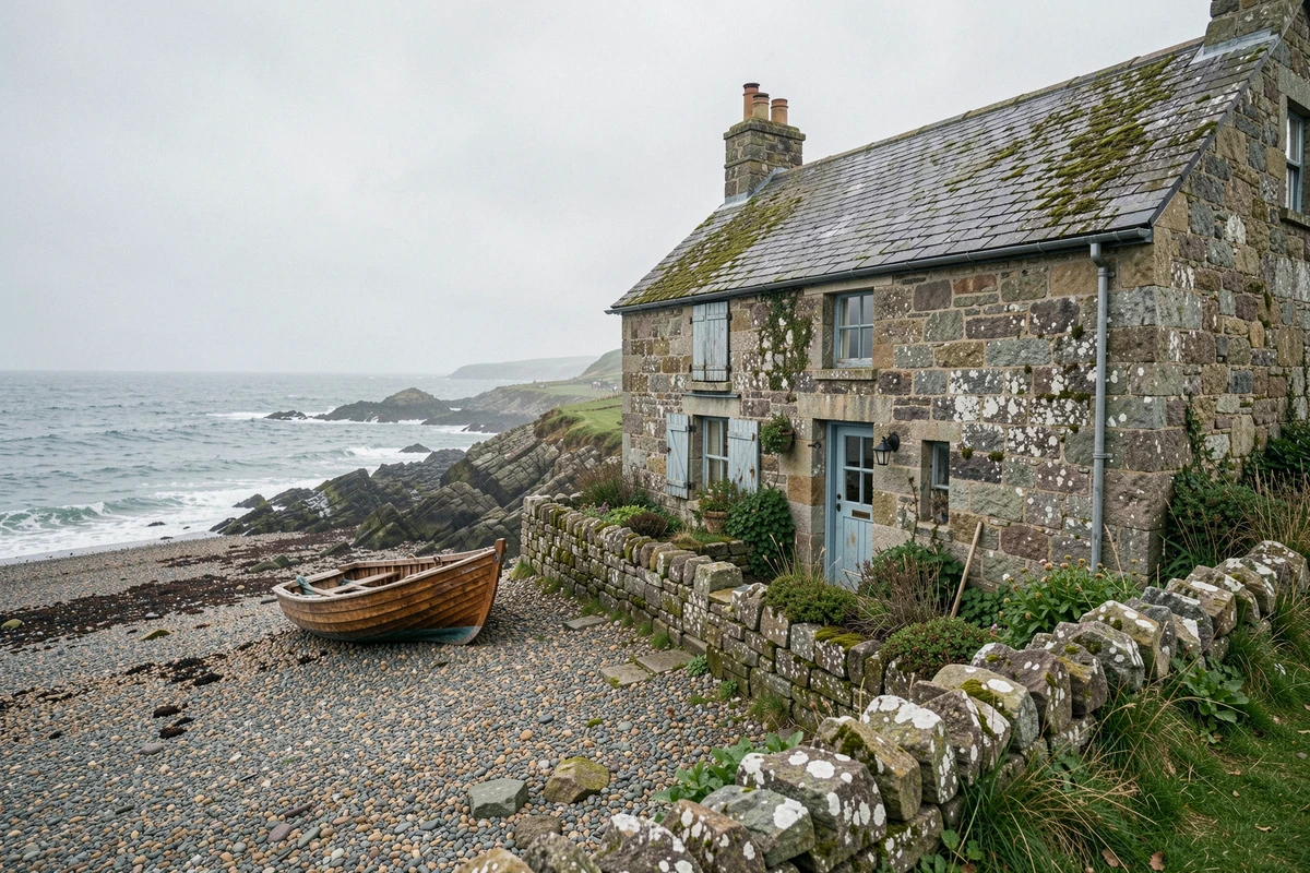 Maison de pêcheur traditionnelle en pierre sur le littoral atlantique avec volets en bois bleu délavé et bateau en bois sur la plage de galets