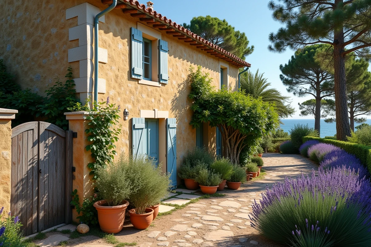 Maison en pierre de style provençal proche du littoral avec jardin fleuri et vue partielle sur la mer
