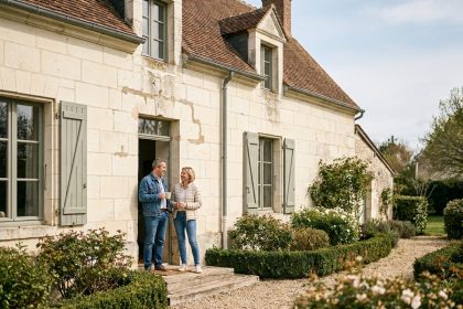 Couple devant une maison traditionnelle en pierre de tuffeau dans la région nantaise avec volets en bois et jardin paysager