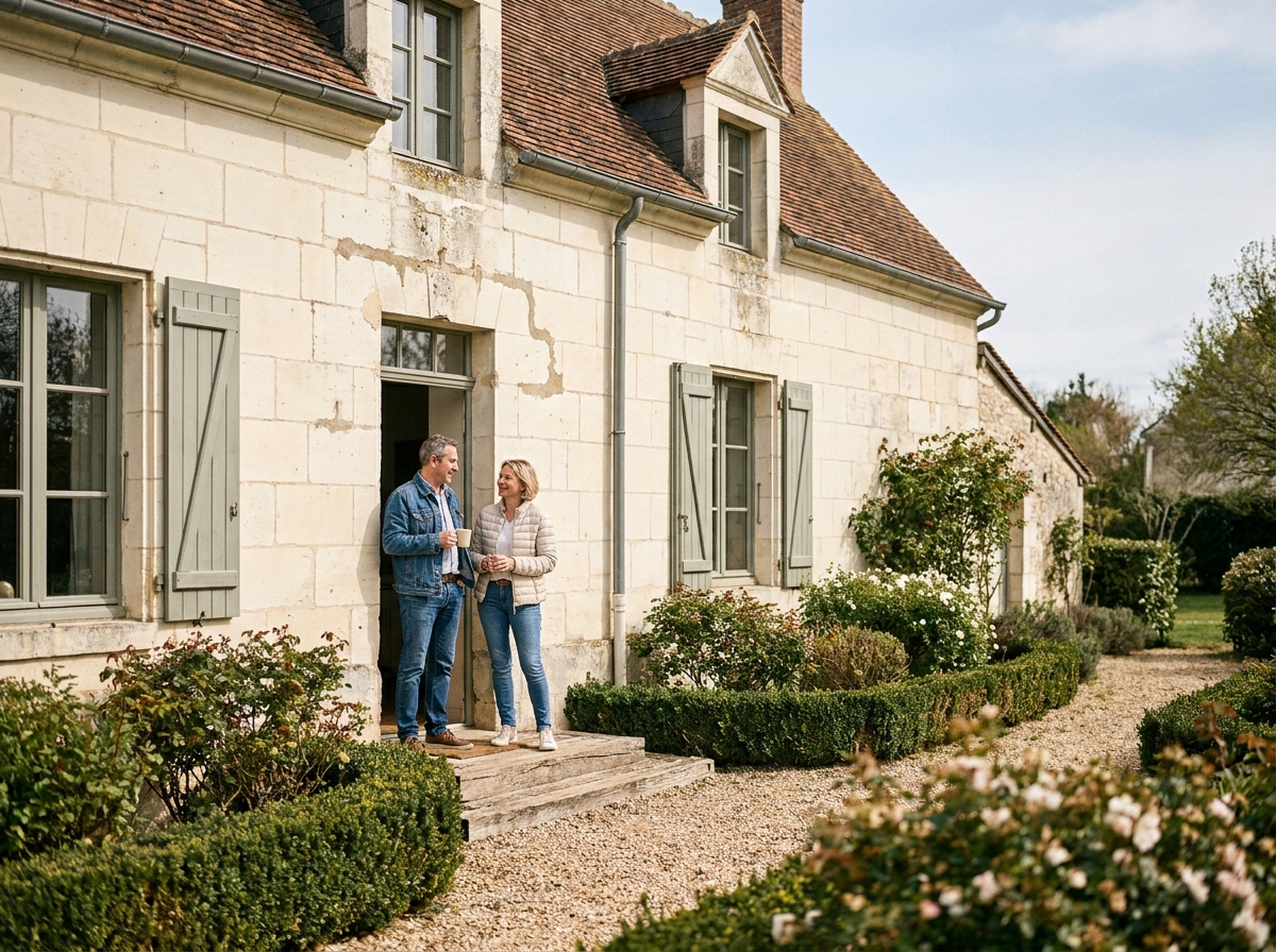 Couple devant une maison traditionnelle en pierre de tuffeau dans la région nantaise avec volets en bois et jardin paysager