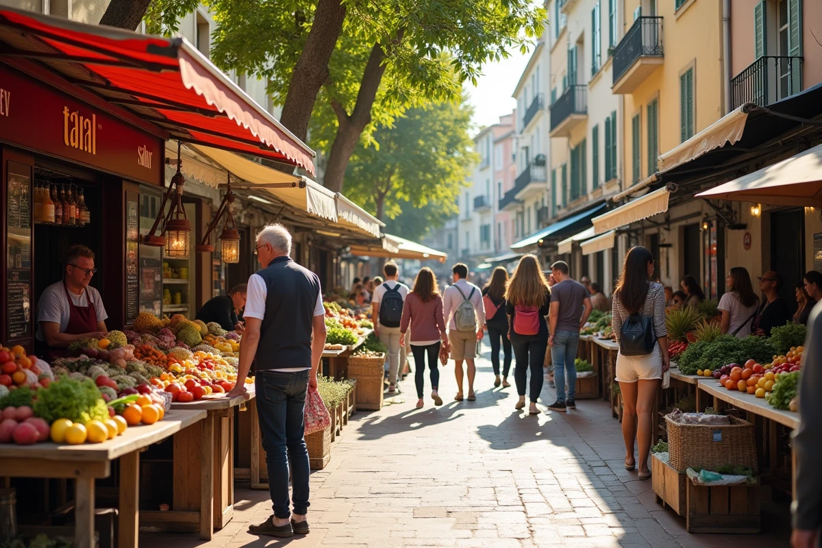 Marché de plein air dans le 9ème arrondissement de Marseille avec des habitants faisant leurs courses le week-end, ambiance animée et conviviale