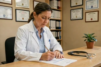 Médecin généraliste rédigeant un certificat médical pour préavis réduit à son bureau