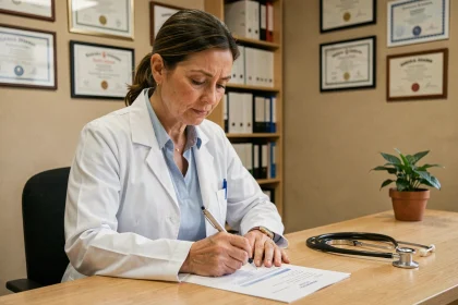 Médecin généraliste rédigeant un certificat médical pour préavis réduit à son bureau