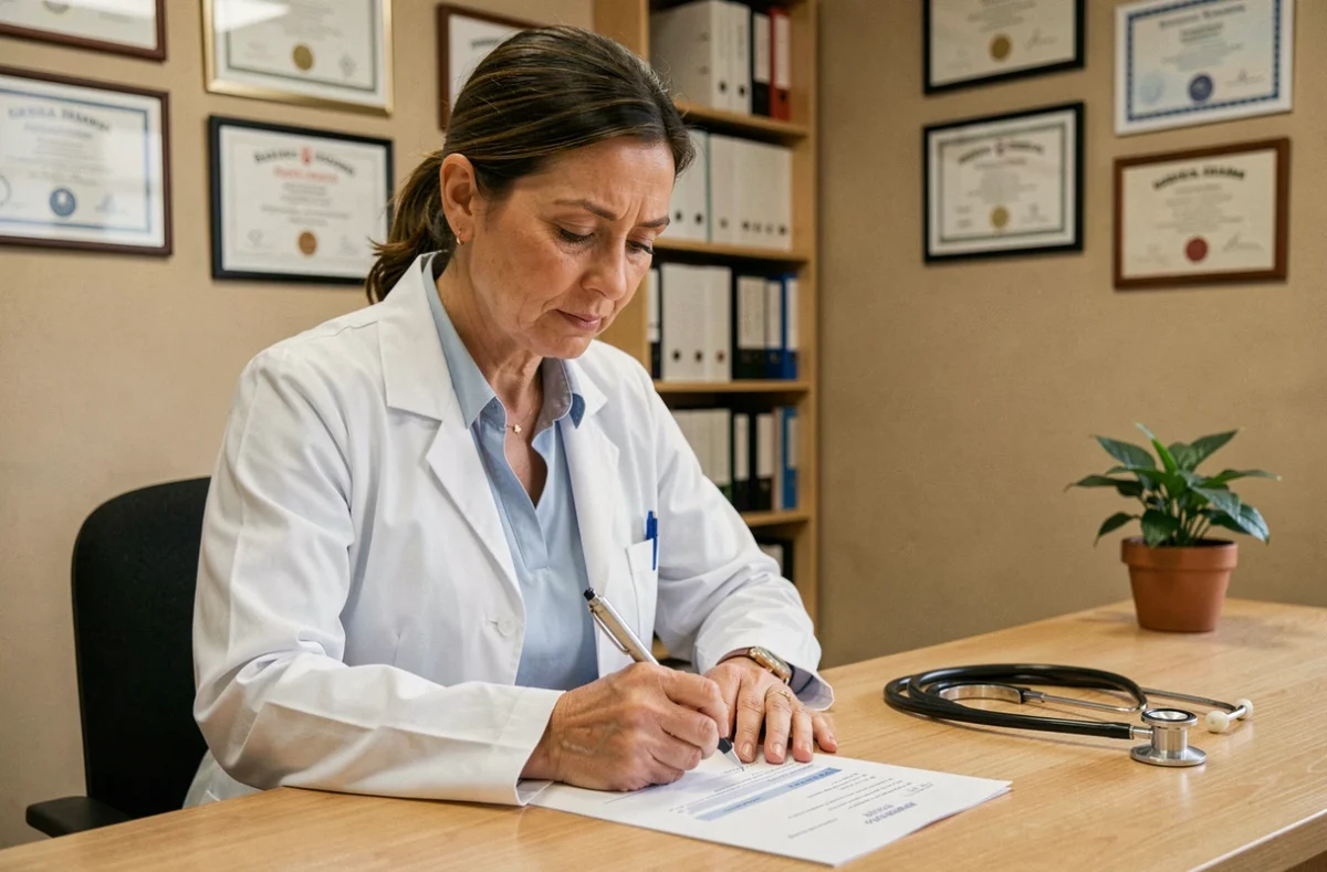 Médecin généraliste rédigeant un certificat médical pour préavis réduit à son bureau