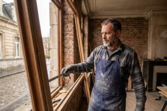 Menuisier professionnel mesurant un cadre de fenêtre en bois dans une maison ancienne à Dunkerque