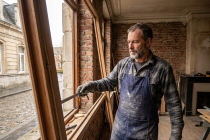 Menuisier professionnel mesurant un cadre de fenêtre en bois dans une maison ancienne à Dunkerque