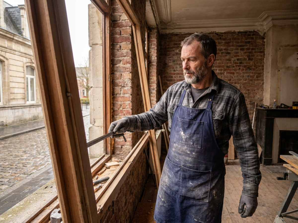 Menuisier professionnel mesurant un cadre de fenêtre en bois dans une maison ancienne à Dunkerque