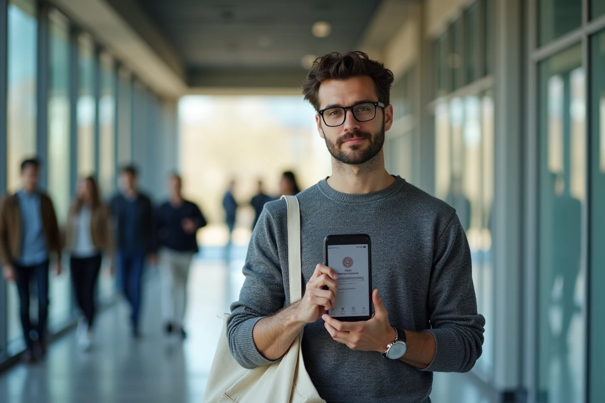 Enseignant param&eacute;trant la messagerie CONVERGENCE Toulouse sur iPhone dans un couloir d'universit&eacute;