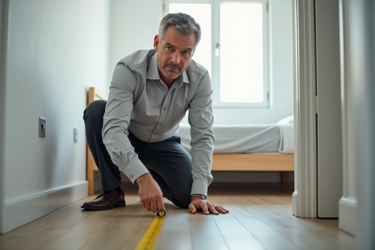 Professionnel de l'immobilier mesurant la surface d'une chambre de location avec un mètre ruban pour vérifier la conformité aux normes légales