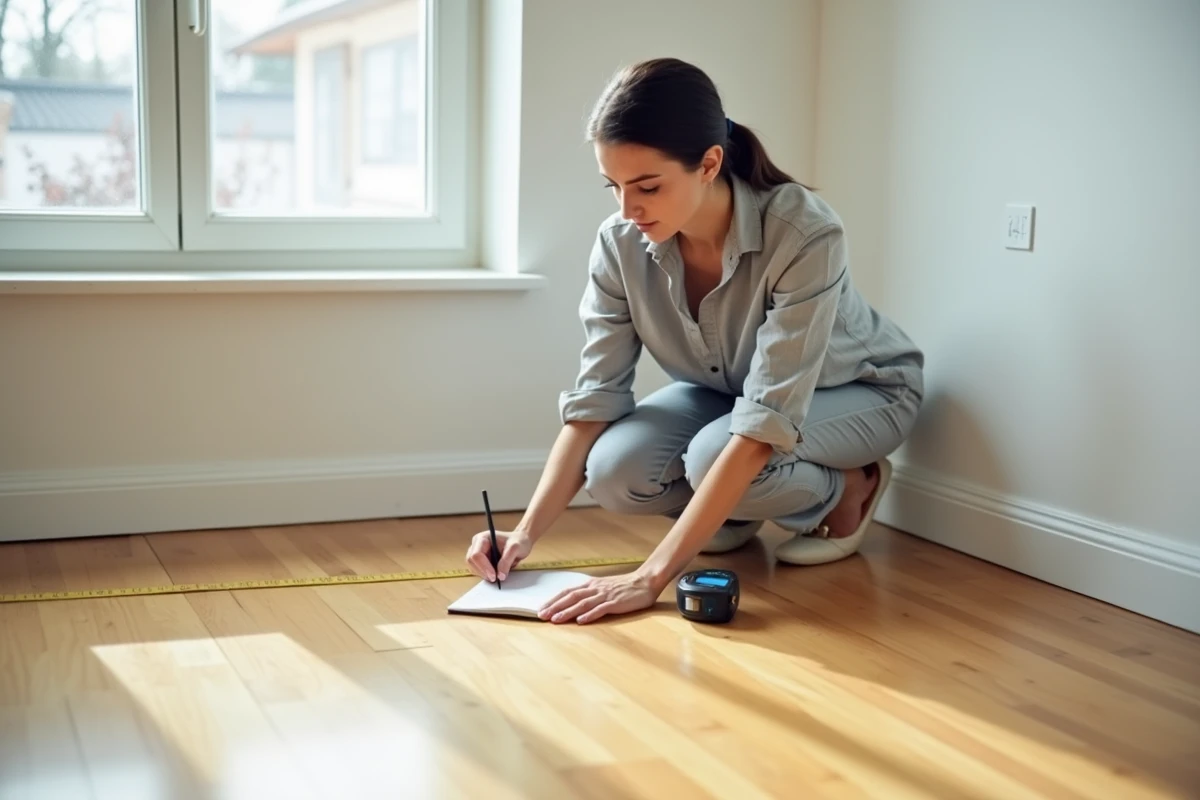 Femme mesurant la surface d'une pièce vide avec un télémètre numérique et un carnet de notes