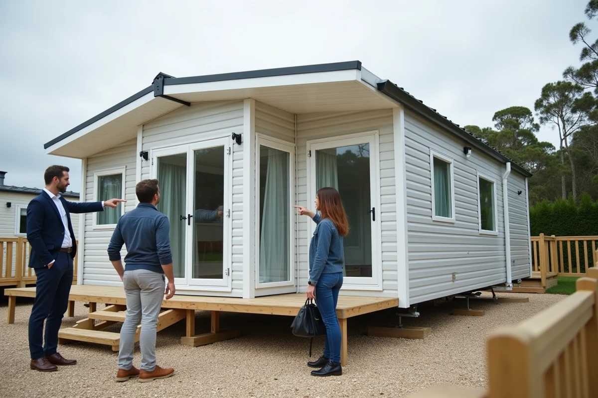 Agent immobilier présentant un mobil-home neuf sur une parcelle aménagée dans un parc résidentiel en Vendée