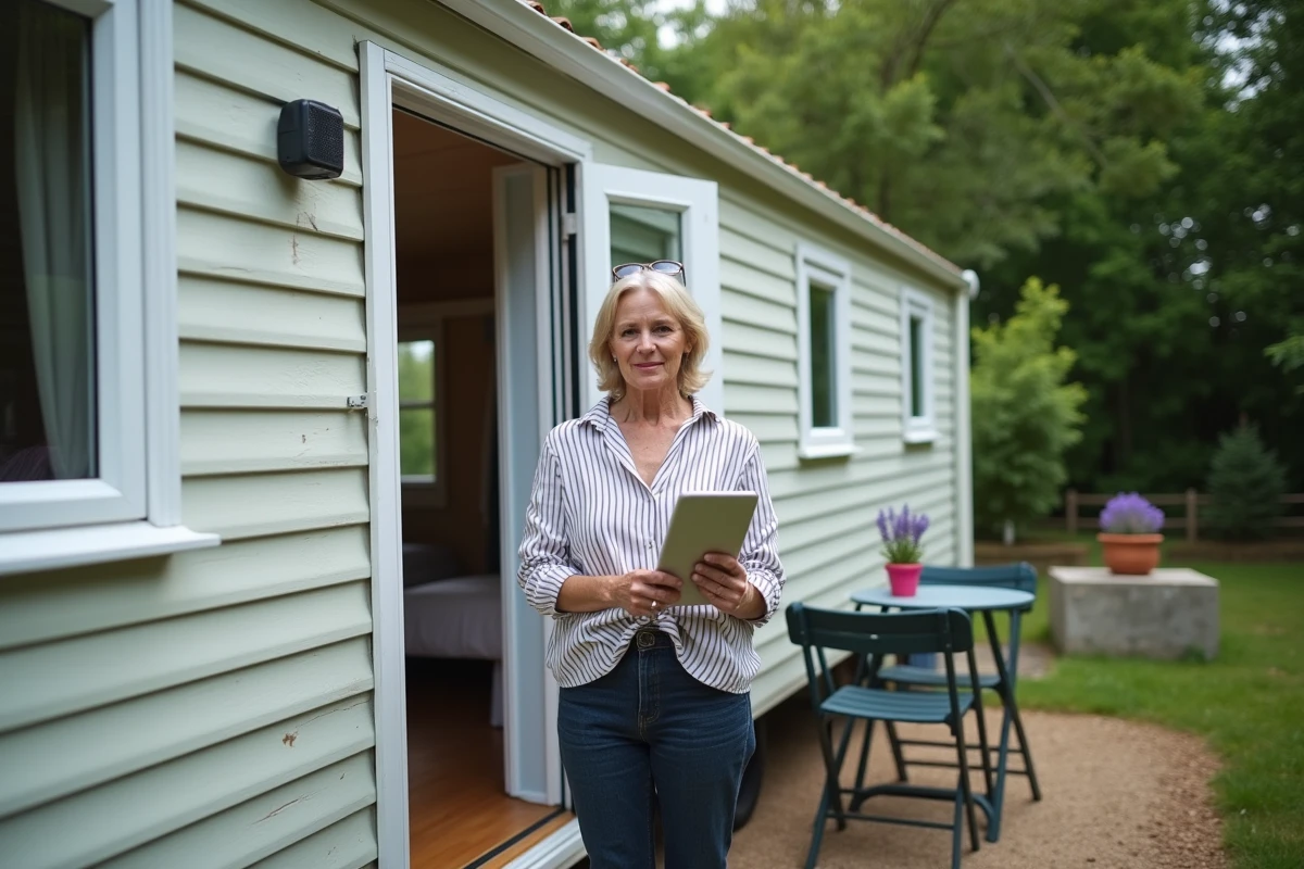 Femme proposant un mobil-home d'occasion à la vente sur une parcelle de terrain dans un camping en Vendée