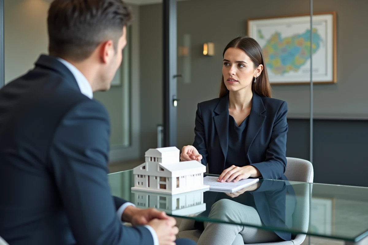 Femme en blazer discutant d'un bilan financier immobilier avec un agent en Andorre