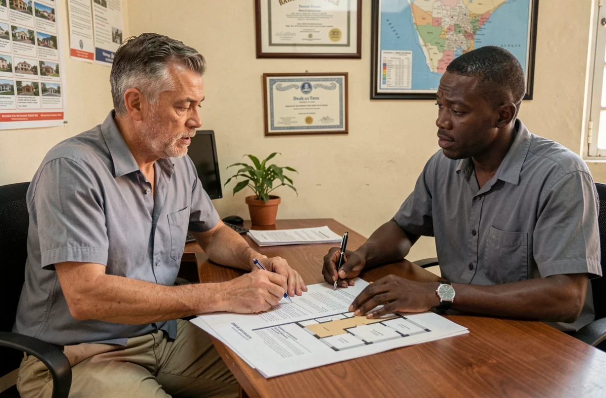 Expatrié discutant d'un contrat de location avec un agent immobilier sénégalais dans une agence à Dakar