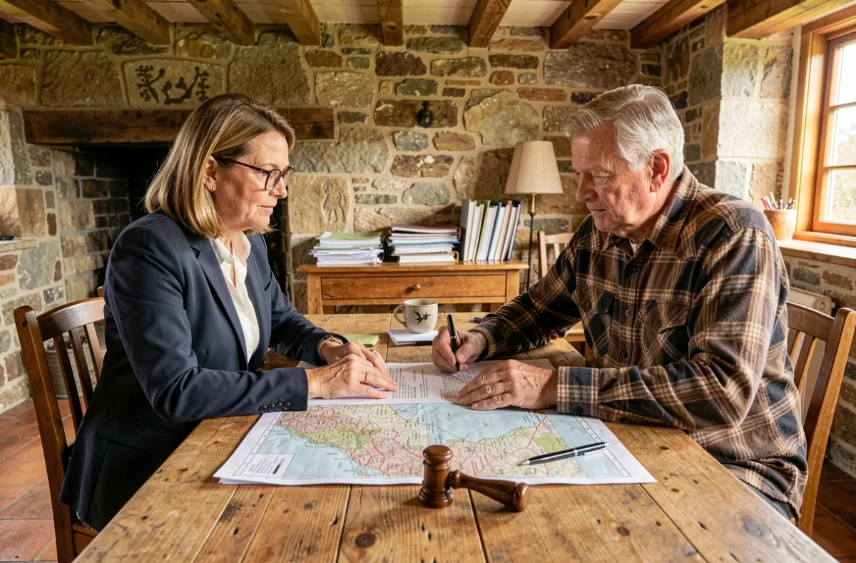 Avocate spécialisée en droit rural et agriculteur négociant les clauses d'un bail rural autour d'une table