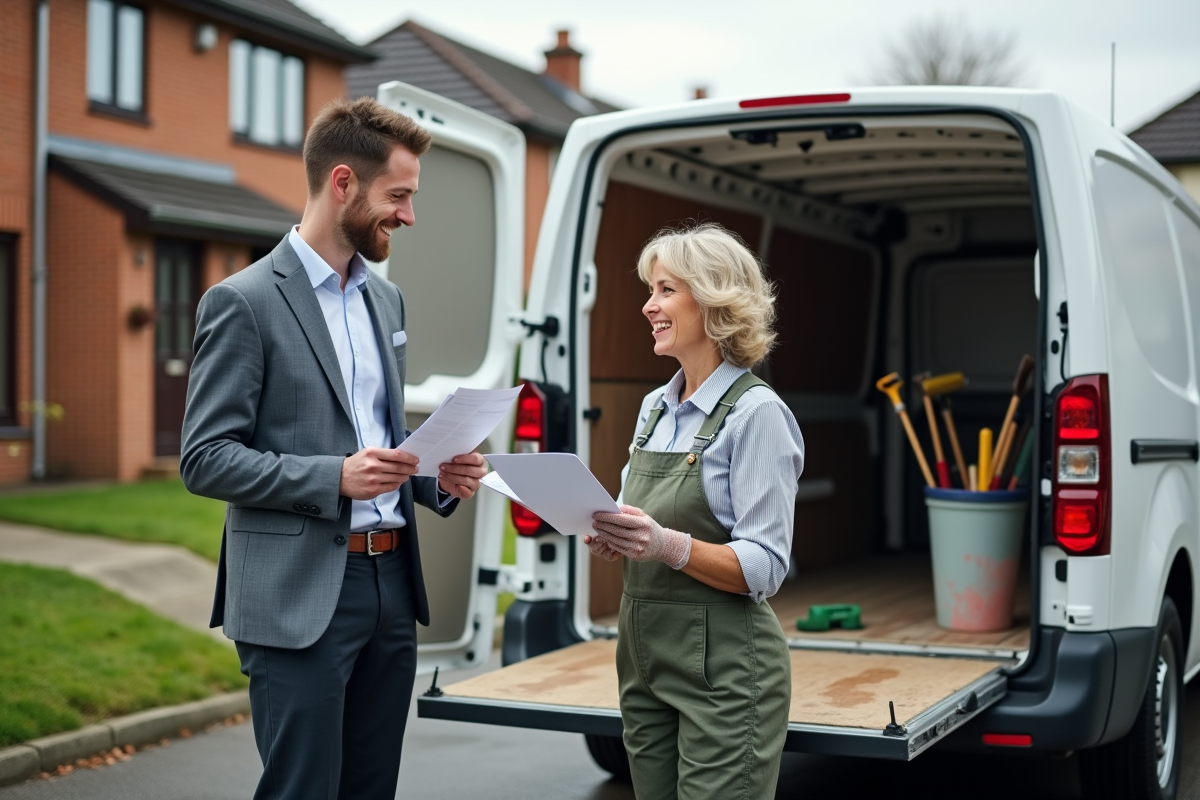 Homme souriant et artisan devant une camionnette de travaux
