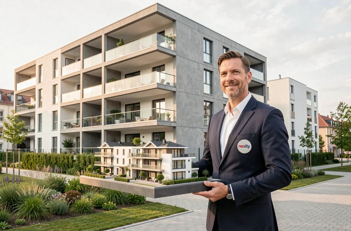 Consultant Nexity présentant un programme immobilier neuf devant une résidence à Metz