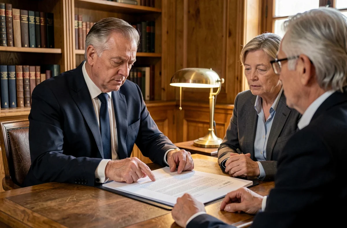 Notaire expliquant les clauses d'un acte de démembrement de propriété à un couple lors d'une consultation juridique