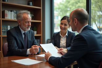 Notaire professionnel remettant documents à un couple dans un bureau moderne