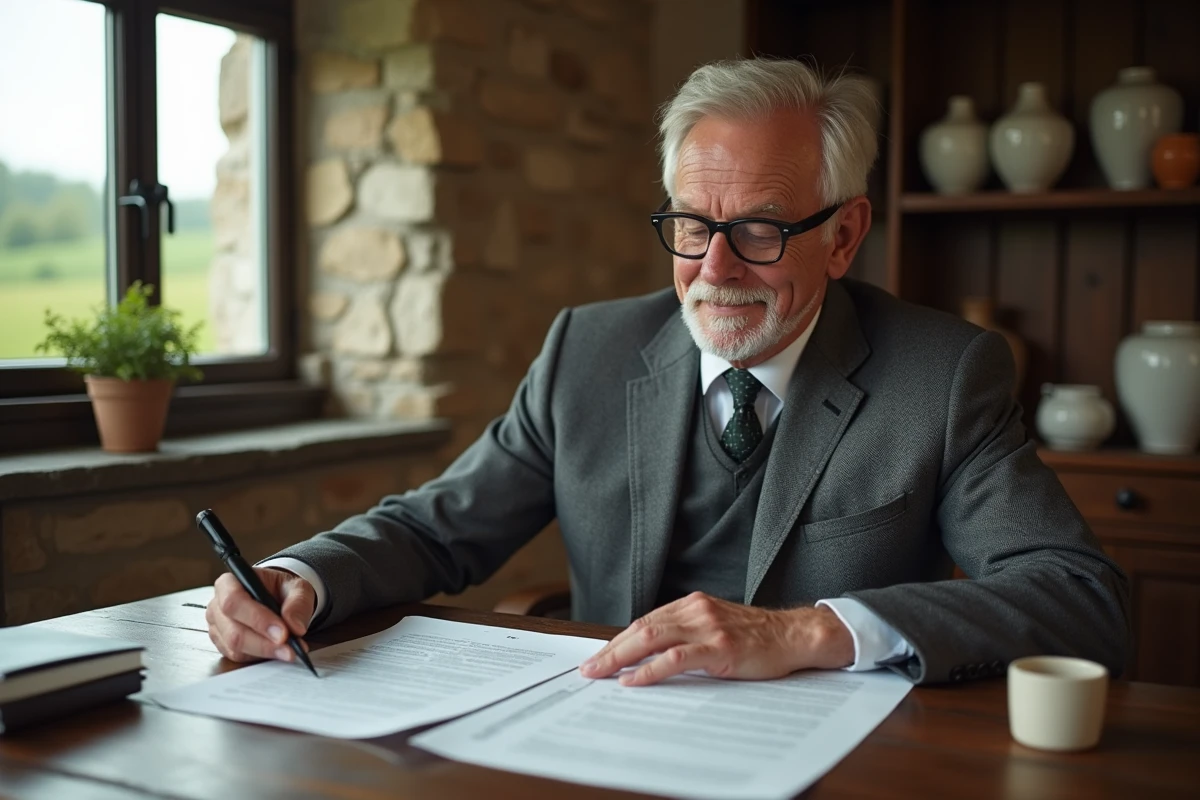 Notaire examinant un contrat dans un bureau breton